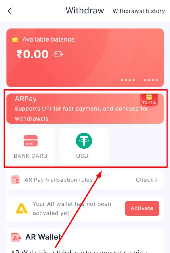 Choose ARPay, Bank Card, or USDT
